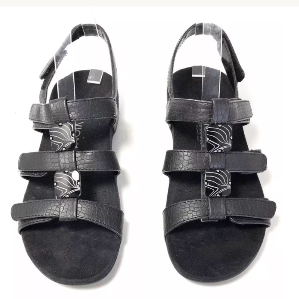Vionic Black Leather “Amber” Adjustable Sandals